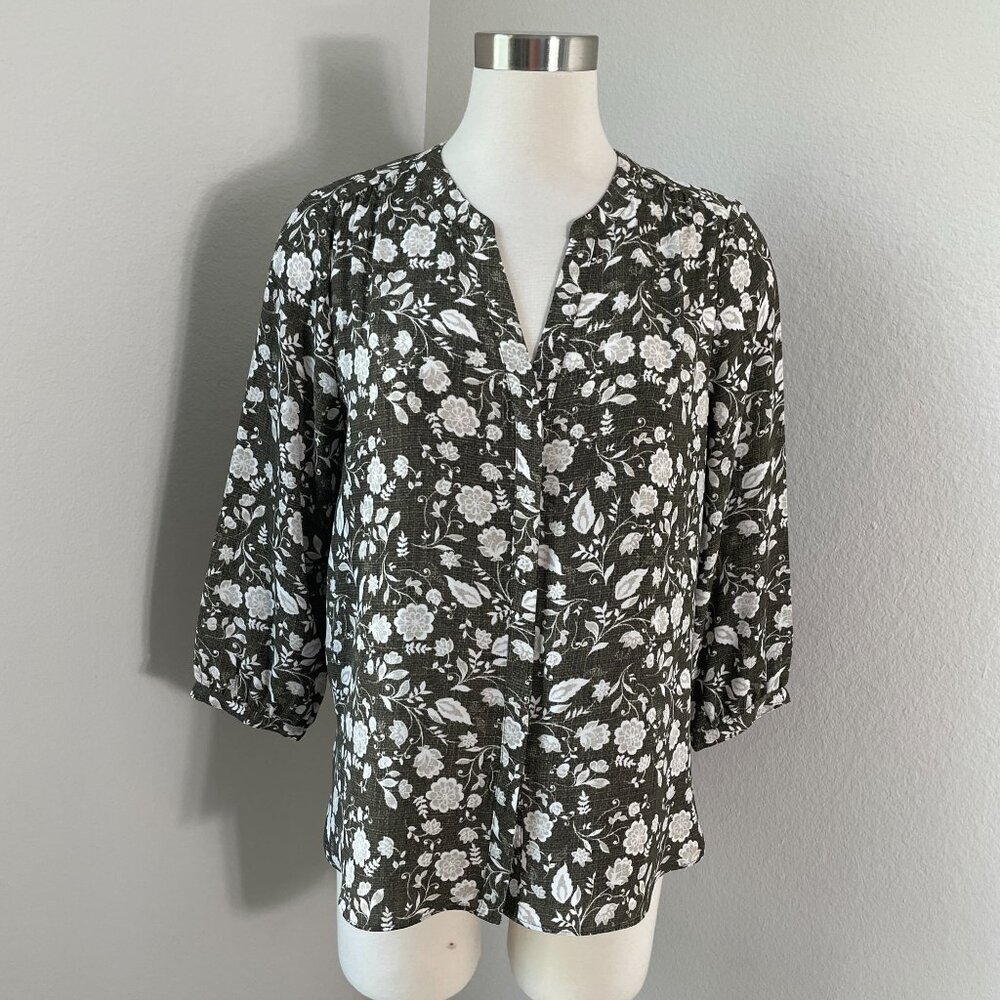 NYDJ Womens Small Floral Print Blouse Green White 3/4 Sleeve Shirt Pleated Back